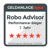Siegel der Plattform Geldanlage-digital mit der Auszeichnung Performance-Sieger (5 Sterne) 2025 für Evergreen als Robo-Advisor.